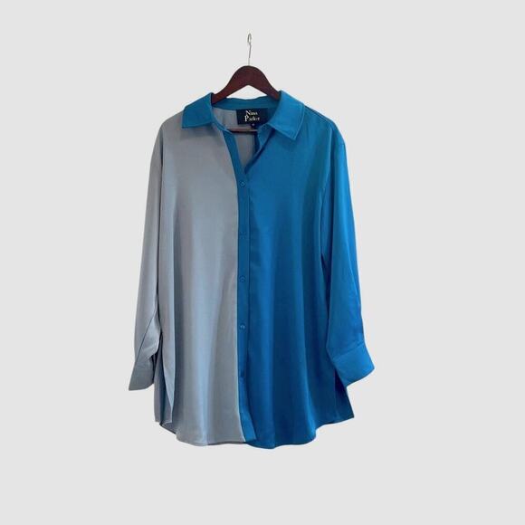 Nina Parker Womens Size 0X Blue Colorblock Button Down Blouse Long Sleeve NEW - Picture 1 of 7